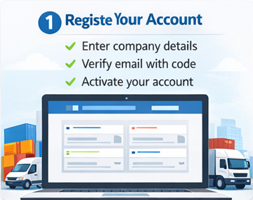 Formular de înregistrare transportator ExusTrans cu date de companie, cod TVA și activare prin e-mail